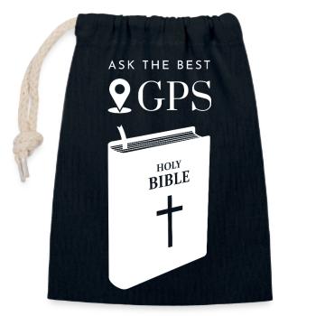 Le meilleur système de navigation est la Bible (blanche) - Sac cadeau en coton avec cordon (14 x 20 cm) - bleu marine - Devant