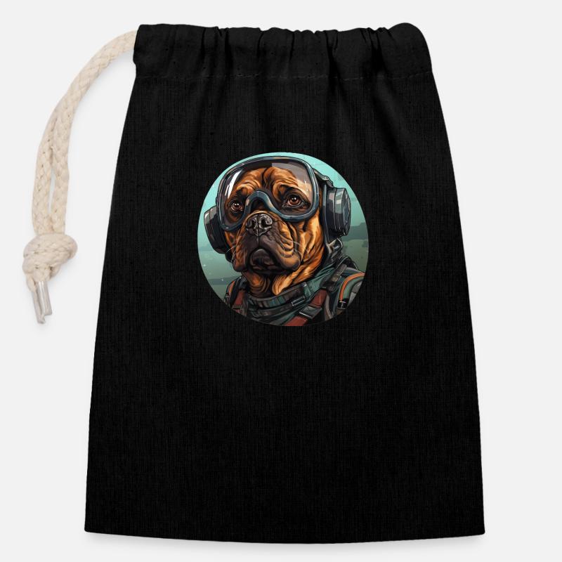 Mops Pilot - Verschließbarer Geschenkbeutel aus Baumwolle (14x20cm) - Schwarz