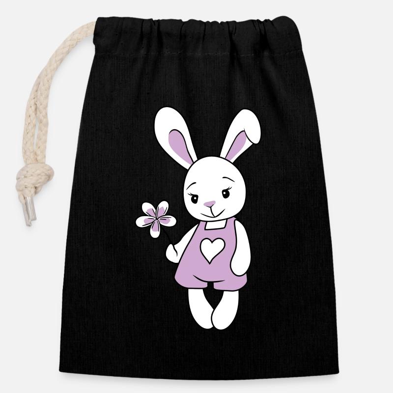 Cute cartoonish rabbit with flower - Closable cotton gift bag (14x20cm) - black