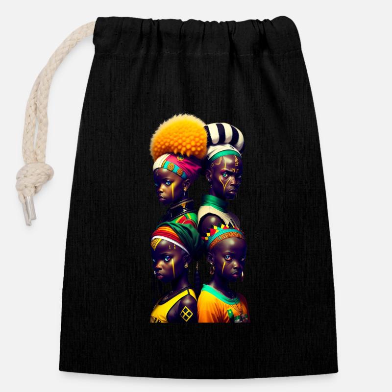 Visages africains - Sac cadeau en coton avec cordon (14 x 20 cm) - noir