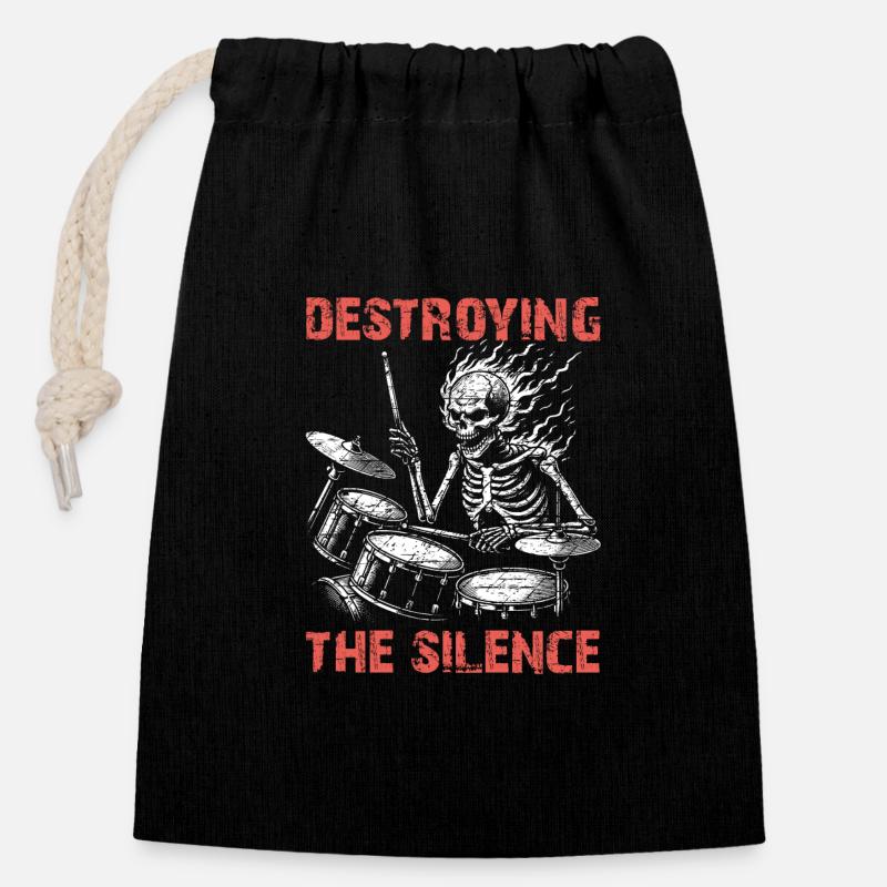 Squelette de crâne de batteur sur la batterie - Sac cadeau en coton avec cordon (14 x 20 cm) - noir