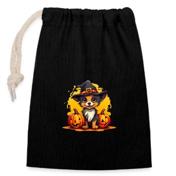 Cute Chihuahua puppy with witch hat and pumpkin - Closable cotton gift bag (14x20cm) - black - Front