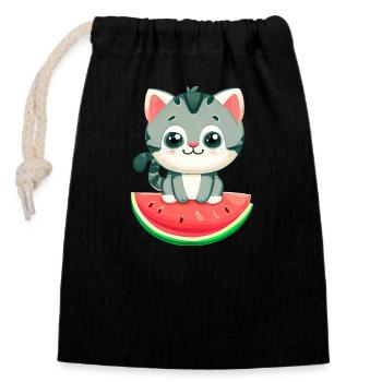 Süße Katze mit Wassermelone - Kawaii Design - Verschließbarer Geschenkbeutel aus Baumwolle (14x20cm) - Schwarz - Vorne