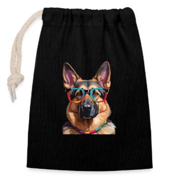 Deutscher Schäferhund mit Brille Cool Colorful - Verschließbarer Geschenkbeutel aus Baumwolle (14x20cm) - Schwarz - Vorne