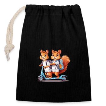 Cheerful Squirrel Twins School Way Design - Closable cotton gift bag (14x20cm) - black - Front