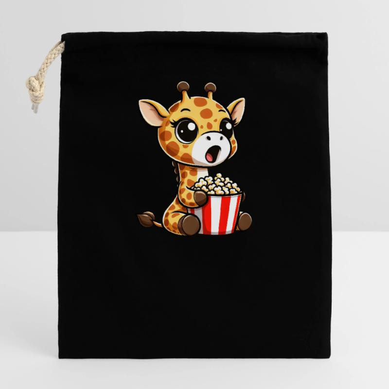 A cute giraffe eats popcorn Closable cotton gift bag (14x20cm)