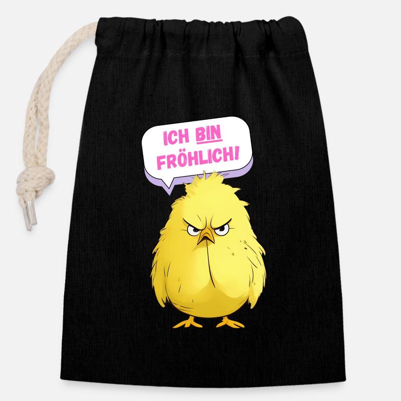Poulet - Je suis joyeux - Sac cadeau en coton avec cordon (14 x 20 cm) - noir