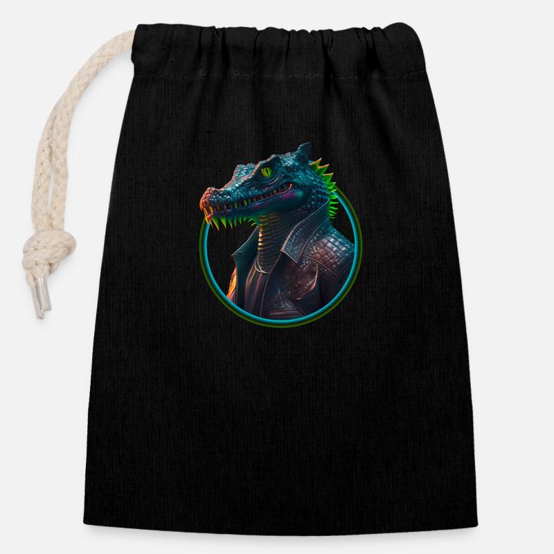 Neon Punk Crocodile in Leather Jacket - Closable cotton gift bag (14x20cm) - black