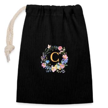 C Monogram Floral, Floral Wreath, Personalizable - Closable cotton gift bag (14x20cm) - black - Front