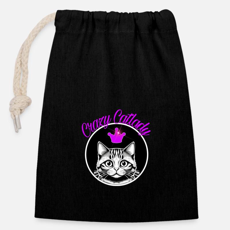 Catlady la folle - Sac cadeau en coton avec cordon (14 x 20 cm) - noir