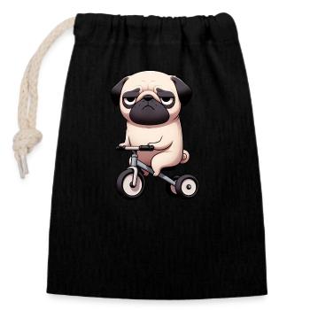 Lustiger Mops auf Dreirad Skurriler Hund läuft - Verschließbarer Geschenkbeutel aus Baumwolle (14x20cm) - Schwarz - Vorne