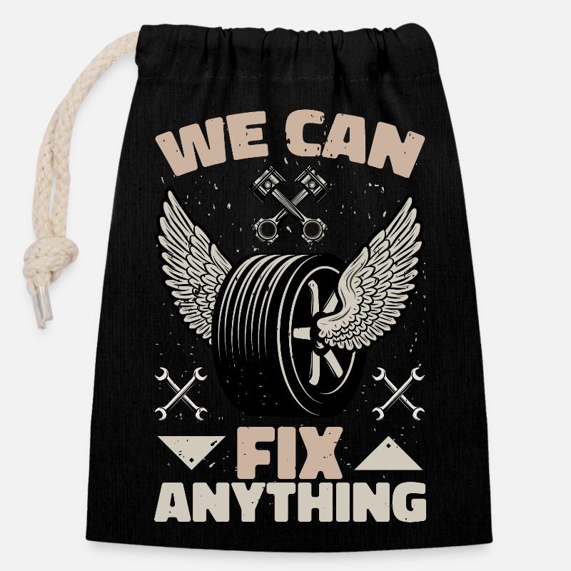 WE CAN FIX ANYTHING - Verschließbarer Geschenkbeutel aus Baumwolle (14x20cm) - Schwarz