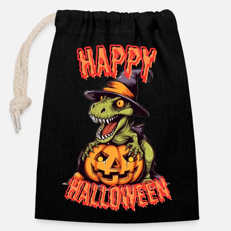 Spooky Halloween dinosaurs with pumpkin - Closable cotton gift bag (14x20cm) - black