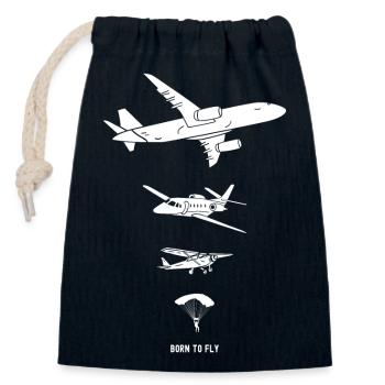 Born to Fly - Flugzeug- und Fallschirmsilhouette - Verschließbarer Geschenkbeutel aus Baumwolle (14x20cm) - Navy - Vorne