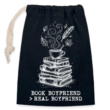 "Book lover > real friend" ! - Closable cotton gift bag (14x20cm) - navy - Front