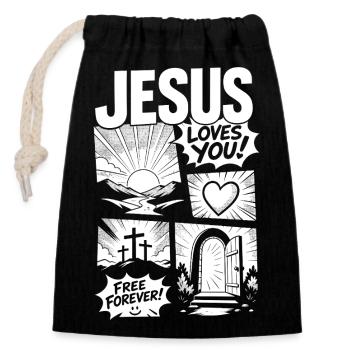 Conception de bandes dessinées « Jésus t’aime » - Sac cadeau en coton avec cordon (14 x 20 cm) - noir - Devant