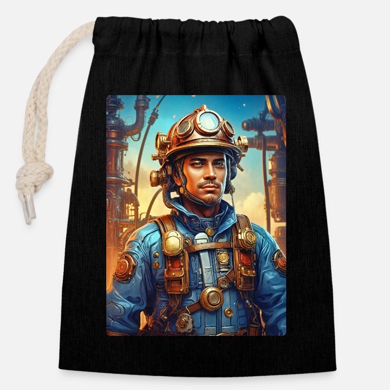 Homme de pompier steampunk 1.5 - Sac cadeau en coton avec cordon (14 x 20 cm) - noir