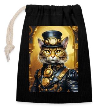 Steampunk Katze 1.2 - Verschließbarer Geschenkbeutel aus Baumwolle (14x20cm) - Schwarz - Vorne