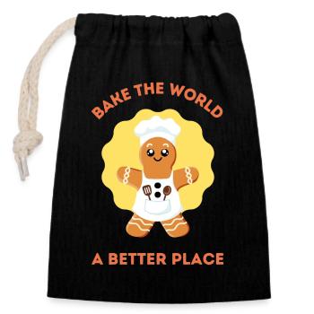 Bake the world a better place - Closable cotton gift bag (14x20cm) - black - Front