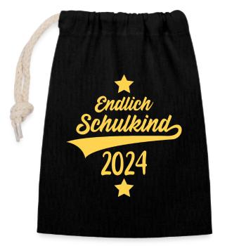 EINSCHULUNG ENDLICH SCHULKIND 2024 - Verschließbarer Geschenkbeutel aus Baumwolle (14x20cm) - Schwarz - Vorne