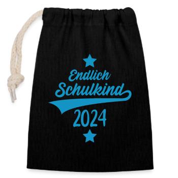 EINSCHULUNG 1. KLASSE ENDLICH SCHULKIND 2024 - Verschließbarer Geschenkbeutel aus Baumwolle (14x20cm) - Schwarz - Vorne