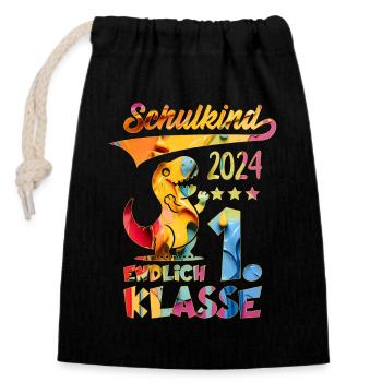 EINSCHULUNG SCHULKIND 2024 ENDLICH 1. KLASSE - Verschließbarer Geschenkbeutel aus Baumwolle (14x20cm) - Schwarz - Vorne