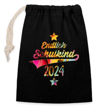 EINSCHULUNG ENDLICH SCHULKIND 2024 - Verschließbarer Geschenkbeutel aus Baumwolle (14x20cm) - Schwarz - Vorne