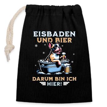 Eisbad und Bier French Bulldog Bulldogge Eisbaden - Verschließbarer Geschenkbeutel aus Baumwolle (14x20cm) - Schwarz - Vorne