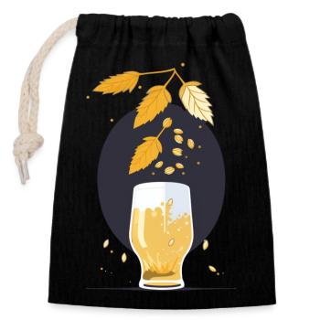 Hopfen, Malz fallen in Bierglas - Verschließbarer Geschenkbeutel aus Baumwolle (14x20cm) - Schwarz - Vorne