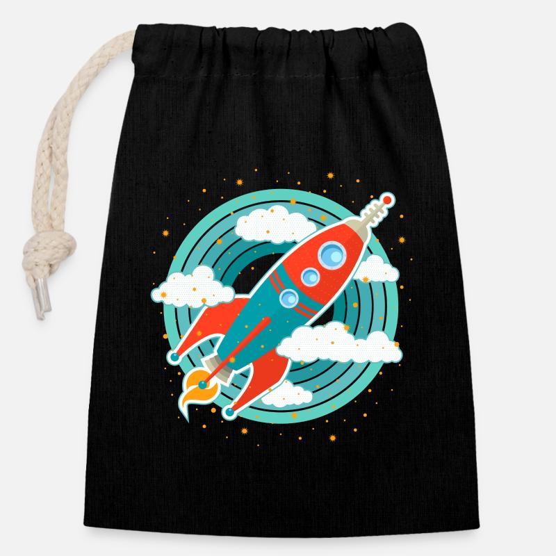 Retro Rakete (Kreise) - Verschließbarer Geschenkbeutel aus Baumwolle (14x20cm) - Schwarz