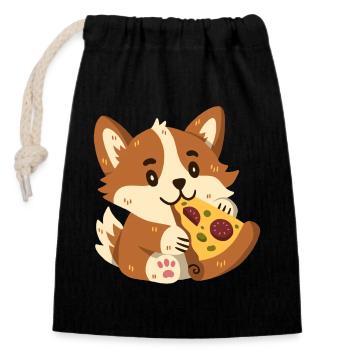 Corgi à la pizza - Sac cadeau en coton avec cordon (14 x 20 cm) - noir - Devant