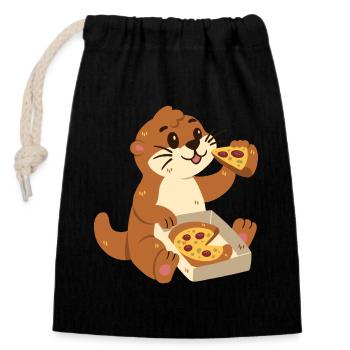 Loutre à la pizza - Sac cadeau en coton avec cordon (14 x 20 cm) - noir - Devant