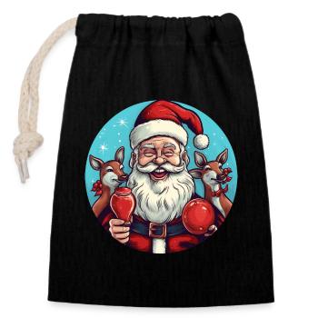 Weihnachtsmann mit Rehen und Glühwein - Verschließbarer Geschenkbeutel aus Baumwolle (14x20cm) - Schwarz - Vorne