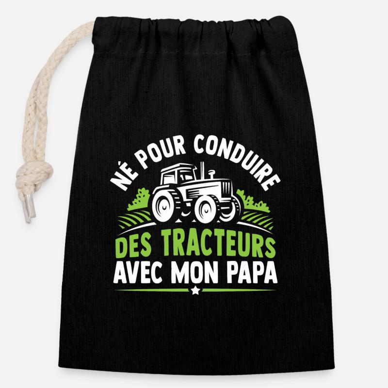 Né pour conduire des tracteurs avec mon papa - Sac cadeau en coton avec cordon (14 x 20 cm) - noir
