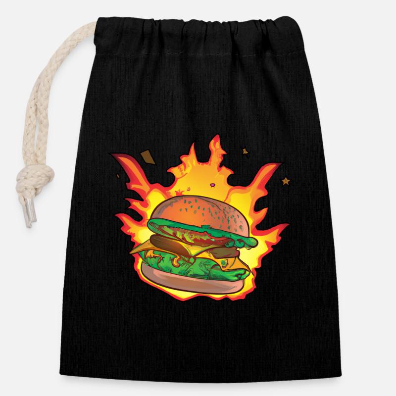 Burning Burger / Cheeseburger - Verschließbarer Geschenkbeutel aus Baumwolle (14x20cm) - Schwarz
