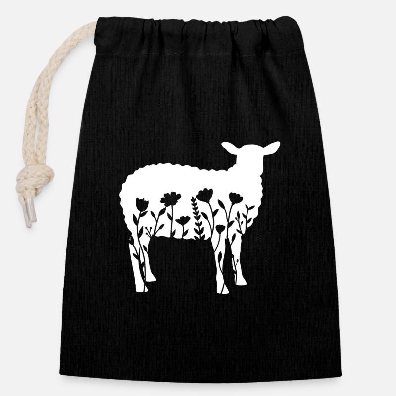 Sheep with flowers - Closable cotton gift bag (14x20cm) - black