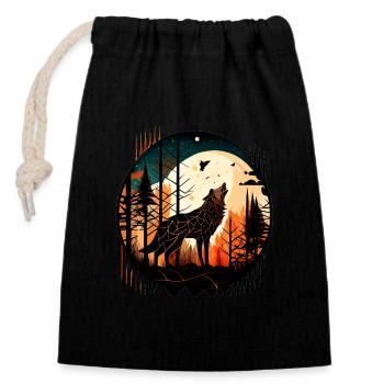 Wolf der Vollmond anheult mit im Wald mit Muster - Verschließbarer Geschenkbeutel aus Baumwolle (14x20cm) - Schwarz - Vorne
