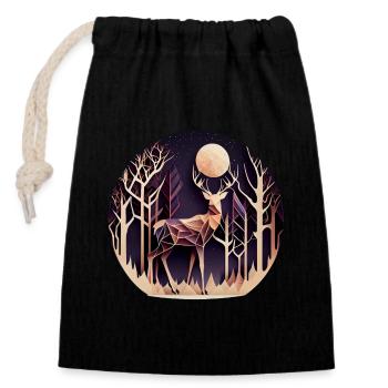 Hirsch mit Mond im Wald mit Bäumen - Papercut - Verschließbarer Geschenkbeutel aus Baumwolle (14x20cm) - Schwarz - Vorne
