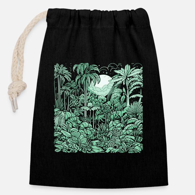 Jungle Motiv Hellgrün - Verschließbarer Geschenkbeutel aus Baumwolle (14x20cm) - Schwarz