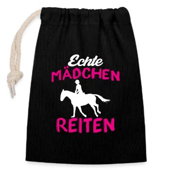 Echte mädchen reiten - Verschließbarer Geschenkbeutel aus Baumwolle (14x20cm) - Schwarz - Vorne