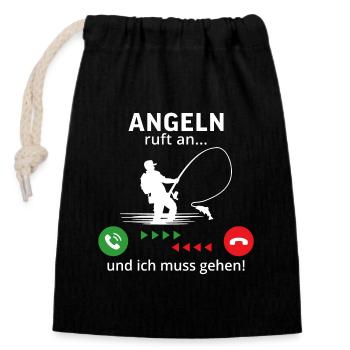 angeln ruft an und ich muss gehen - Verschließbarer Geschenkbeutel aus Baumwolle (14x20cm) - Schwarz - Vorne