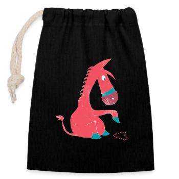 Little donkey in love with red heart made of pebbles - Closable cotton gift bag (14x20cm) - black - Front
