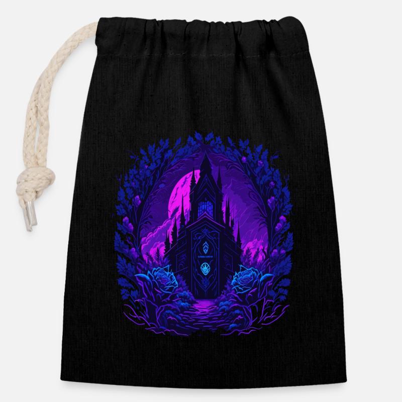 Château Neon Rosen à l’architecture gothique - Sac cadeau en coton avec cordon (14 x 20 cm) - noir