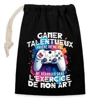 Gamer talentueux ado accro aux jeux vidéo console - Sac cadeau en coton avec cordon (14 x 20 cm) - noir - Devant