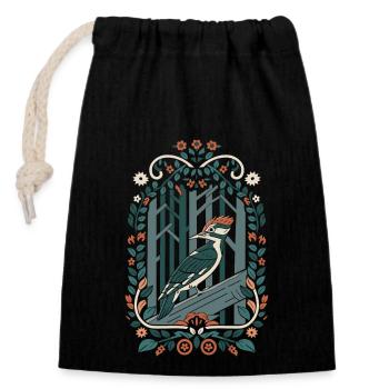 Cottagecore Woodpecker in the Magical Forest - Closable cotton gift bag (14x20cm) - black - Front