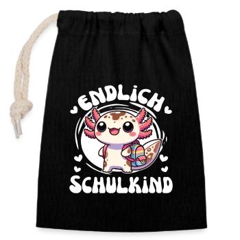 Endlich Schulkind süßes Axolotl zur Einschulung - Verschließbarer Geschenkbeutel aus Baumwolle (14x20cm) - Schwarz - Vorne