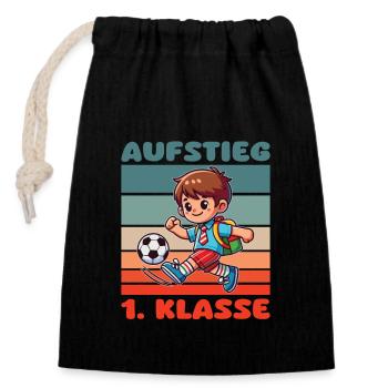 Einschulung Schule Fußball Aufstieg 1. Klasse - Verschließbarer Geschenkbeutel aus Baumwolle (14x20cm) - Schwarz - Vorne