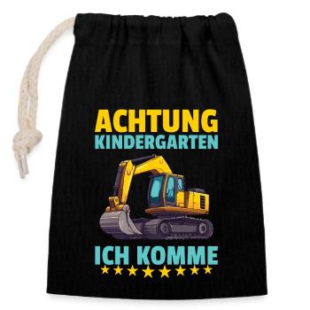 Achtung Kindergarten ich komme Bauarbeiter Bagger - Verschließbarer Geschenkbeutel aus Baumwolle (14x20cm) - Schwarz - Vorne