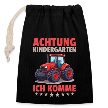 Attention kindergarten I'm coming farmer tractor - Closable cotton gift bag (14x20cm) - black - Front