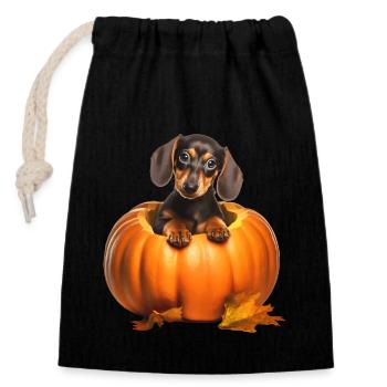 Dackel im Kürbis: Lustiger Welpe I Halloween - Verschließbarer Geschenkbeutel aus Baumwolle (14x20cm) - Schwarz - Vorne
